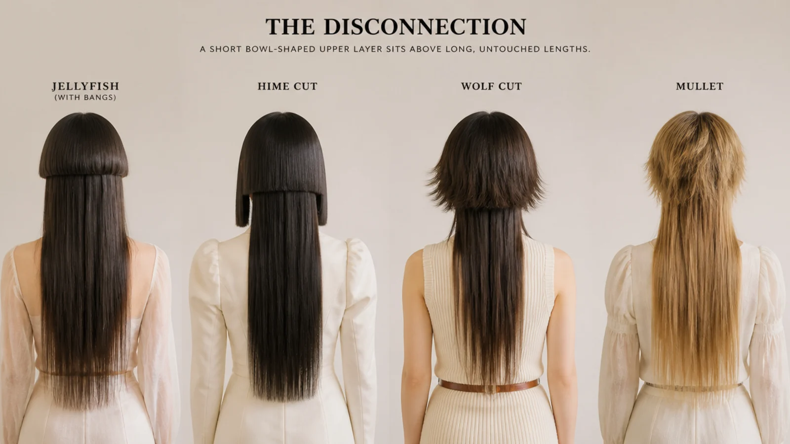 Four cuts photographed together showing different fringe and layer arrangements