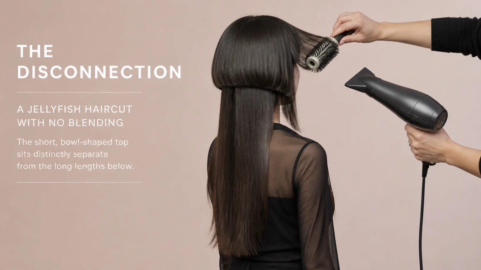 A small round brush drying a fringe forward with a hairdryer