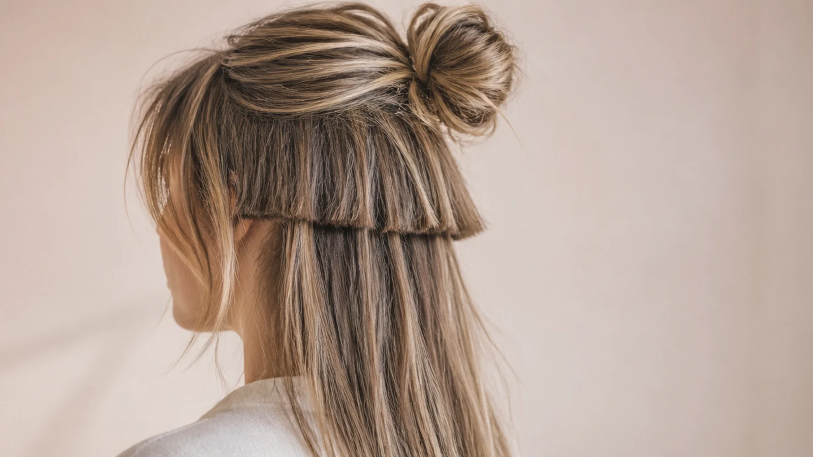 A small bun on the crown with long lengths left down