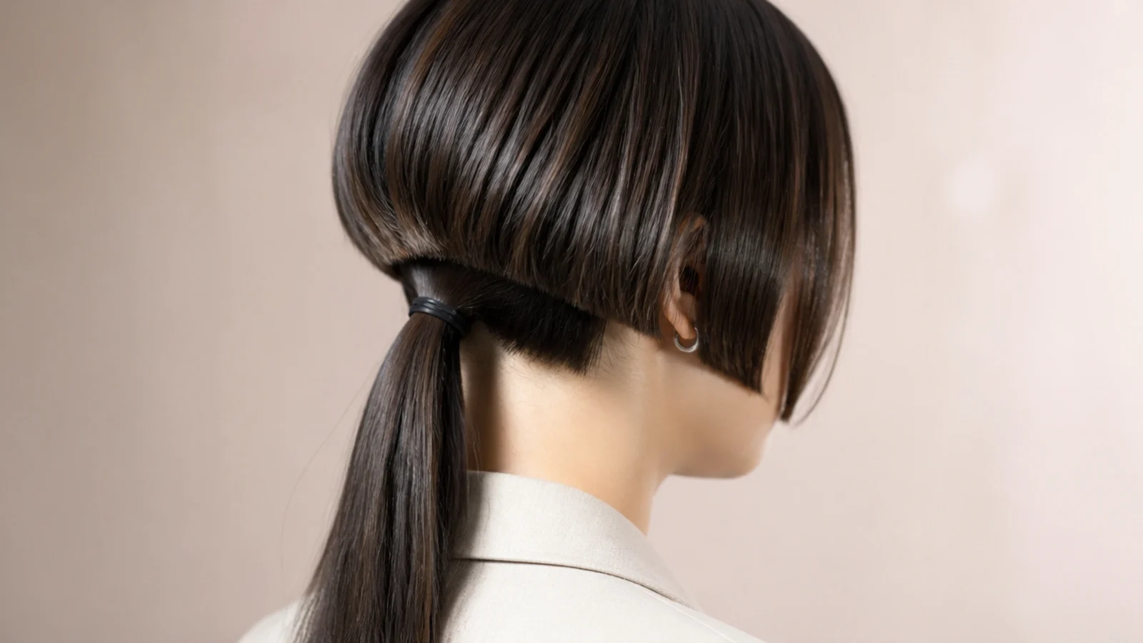 A low ponytail with the short upper layer left loose around the face