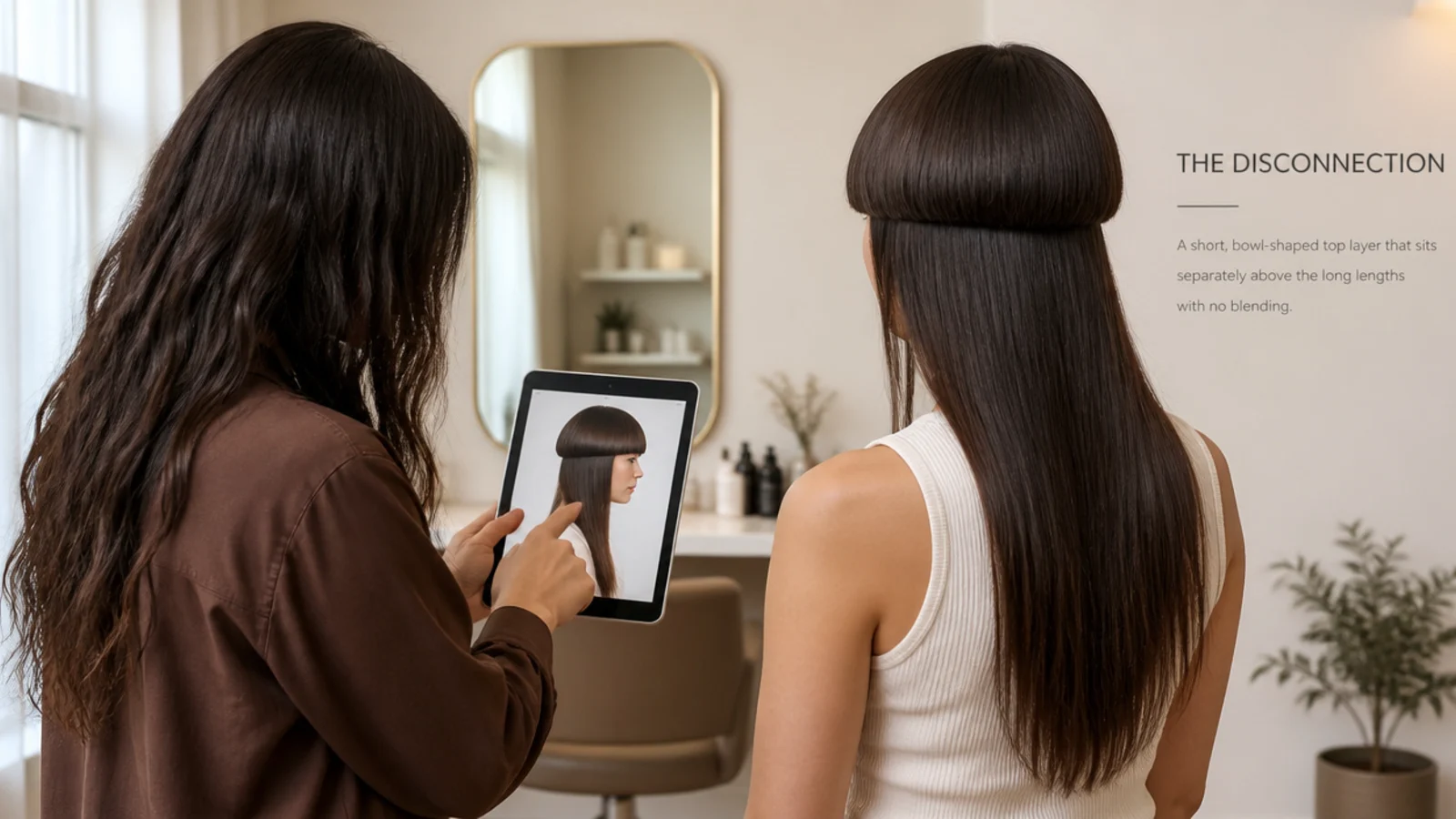 A stylist holding a section of the short layer against the jawline during a consultation