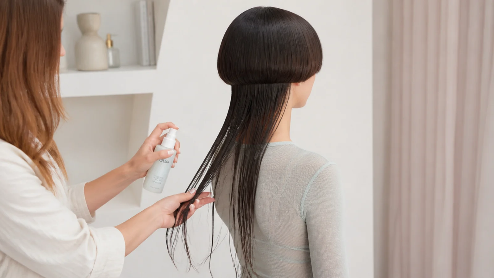 Heat protectant being combed through towel dried hair