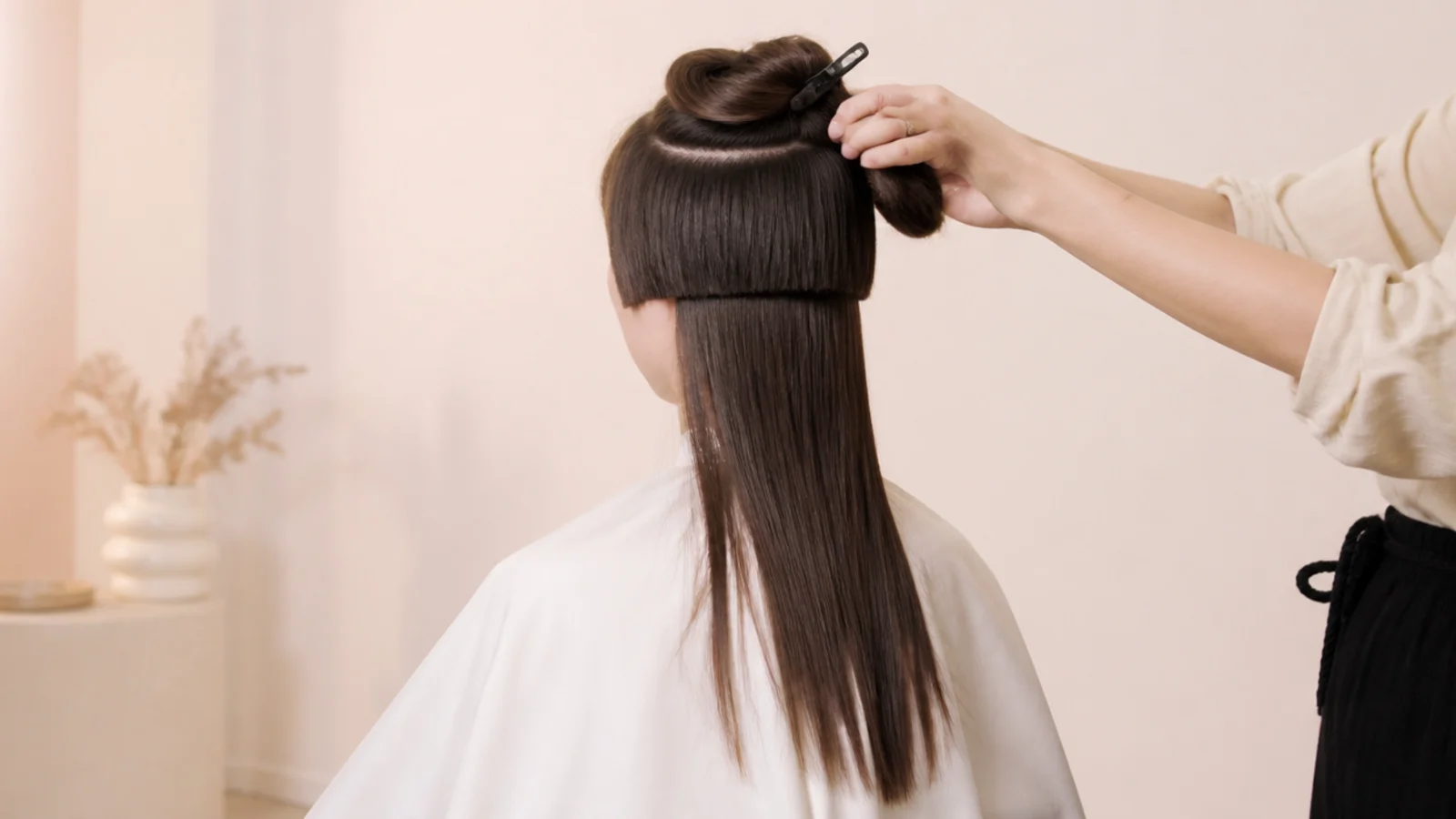The short upper layer clipped up away from the long hair