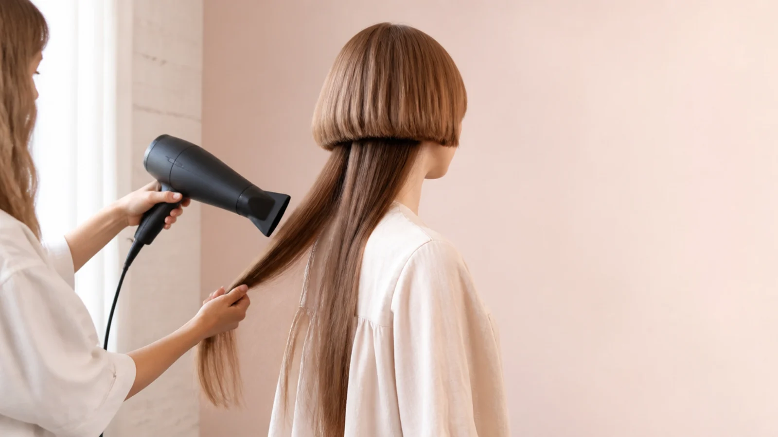 Long hair being dried with fingers and a downward pointed nozzle