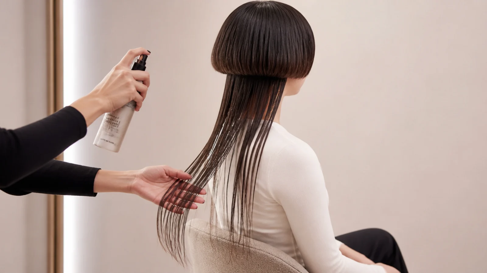 Texture spray applied to the lengths and serum smoothed over the top layer
