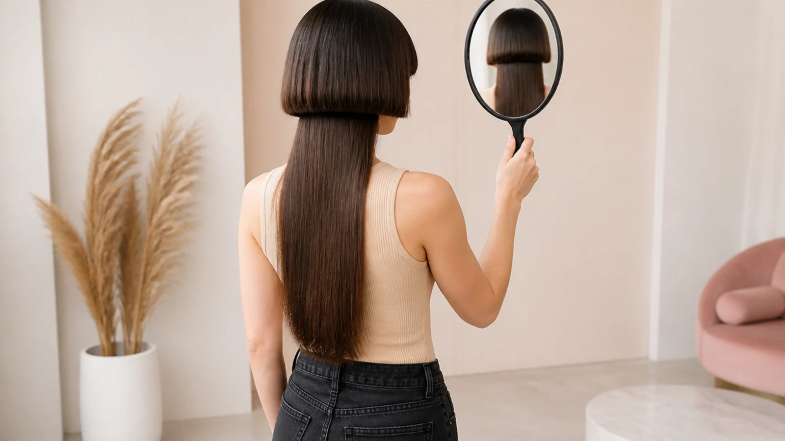 The back of the finished cut checked in a hand mirror