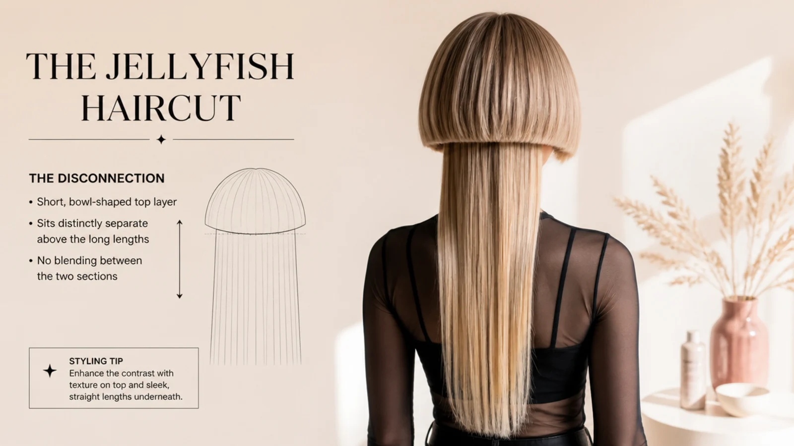 Side view showing the level hem of the short layer against much longer hair below