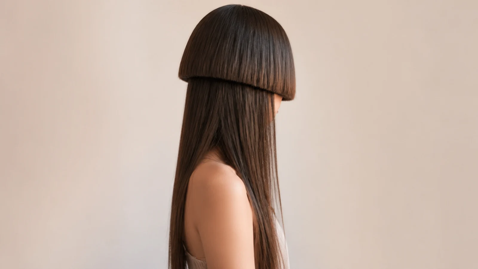 A rounded blunt short layer above hair falling to the waist