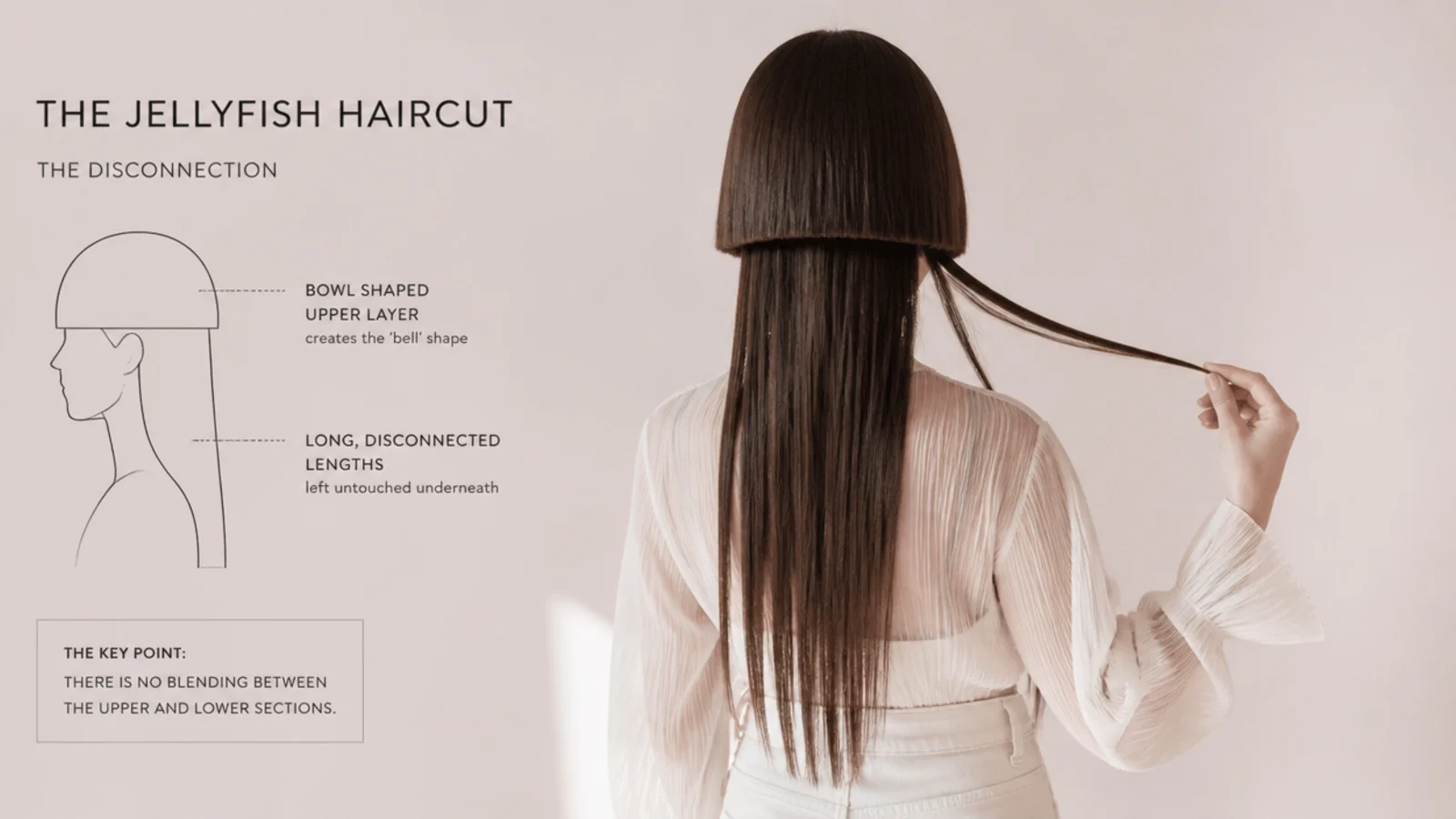 Profile view showing a level short hem well above the long ends