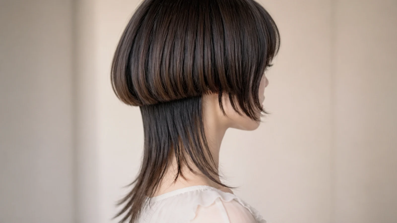 A blunt chin length front line beside parted swept back bangs