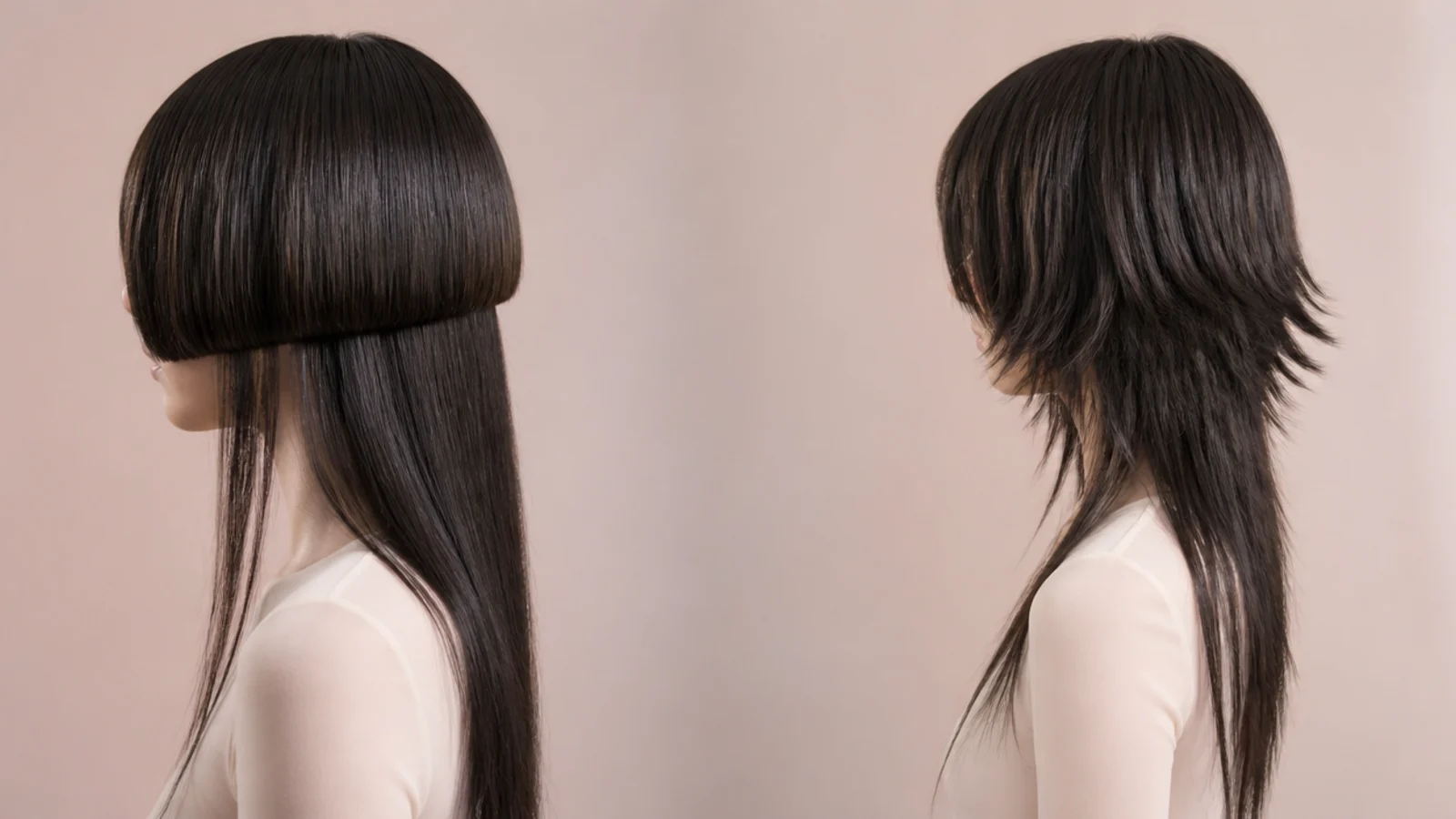 Fine straight hair cut two different ways in one frame