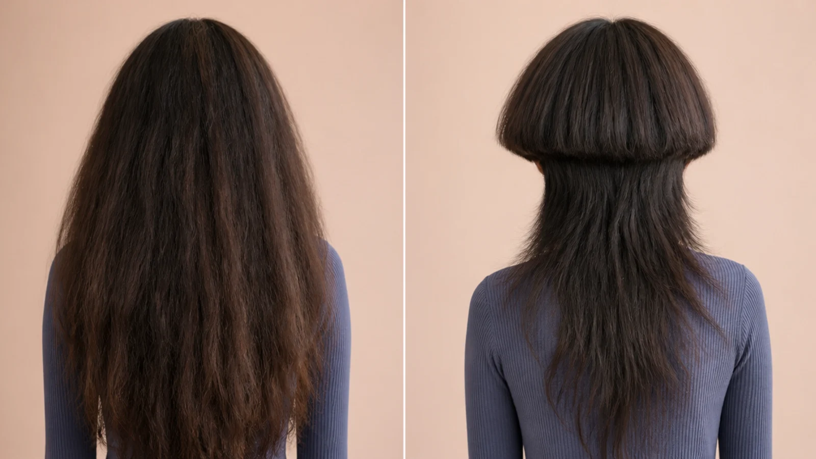 Thick dense hair shown in a blunt cut and a layered cut