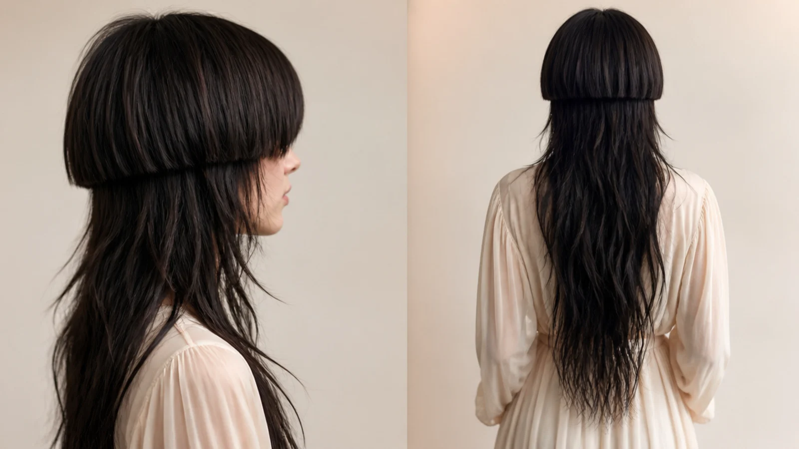 Waist length hair cut two ways in one comparison frame
