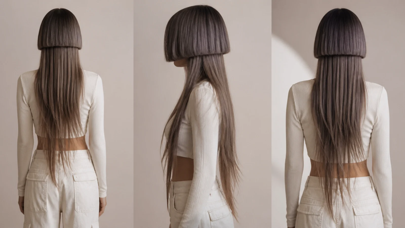 Layered hair falling to the waist beneath a short blunt layer