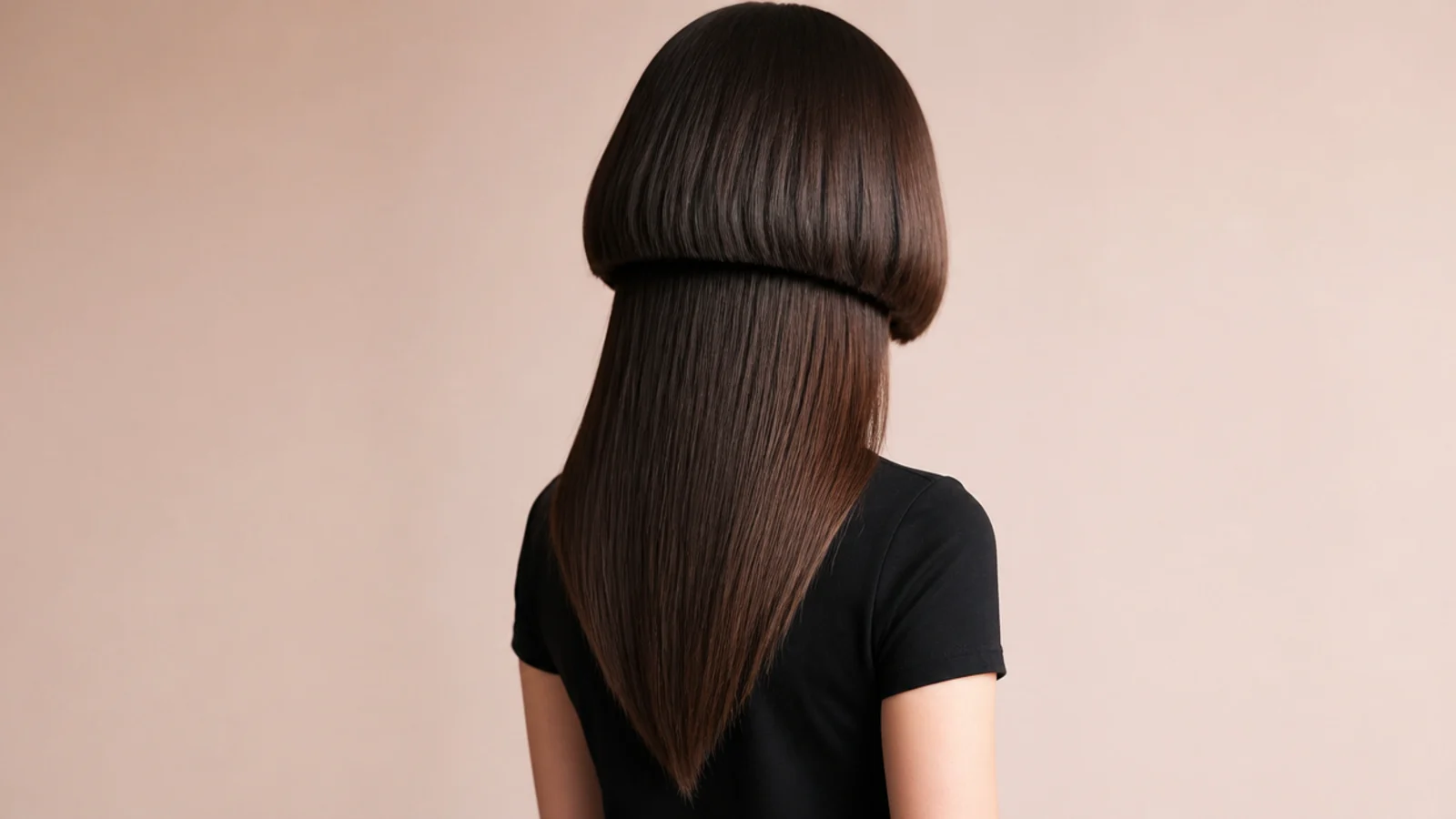Long hair cut into a pointed V shape at the back