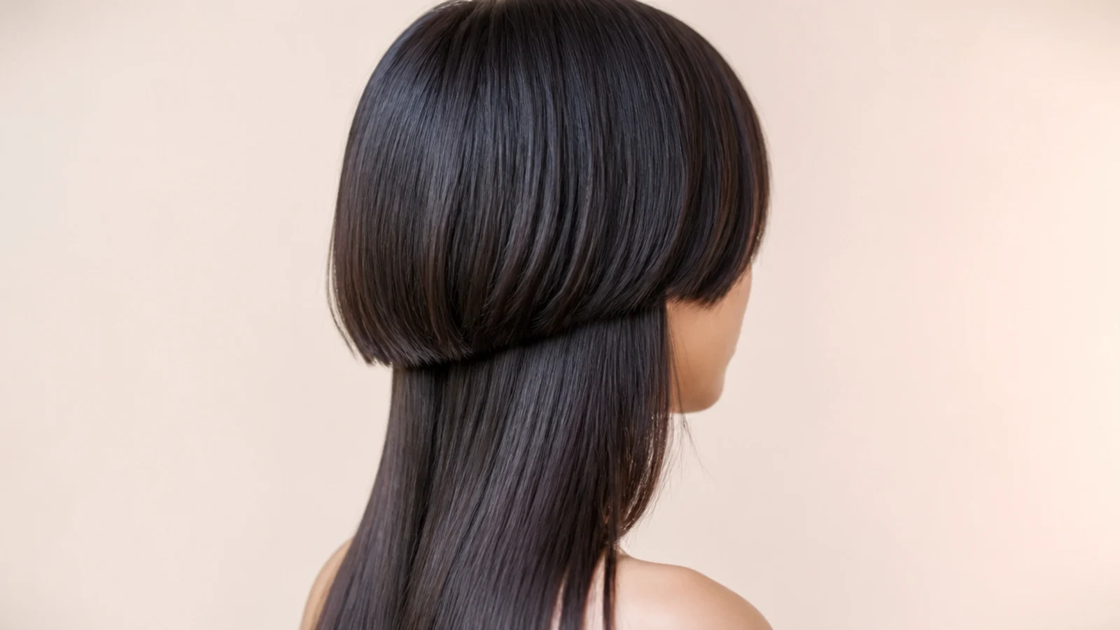 Long hair cut into a soft rounded U shape at the back