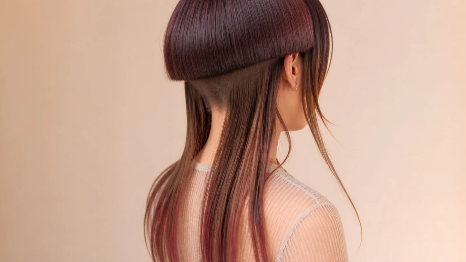 Hair lifted to show a clipped section at the nape
