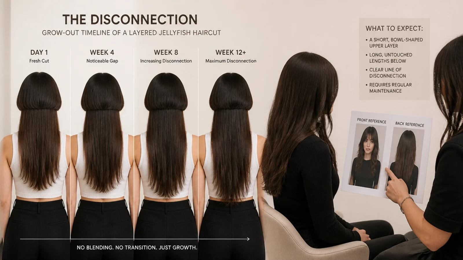 A stylist checking layer lengths against the perimeter during a cut