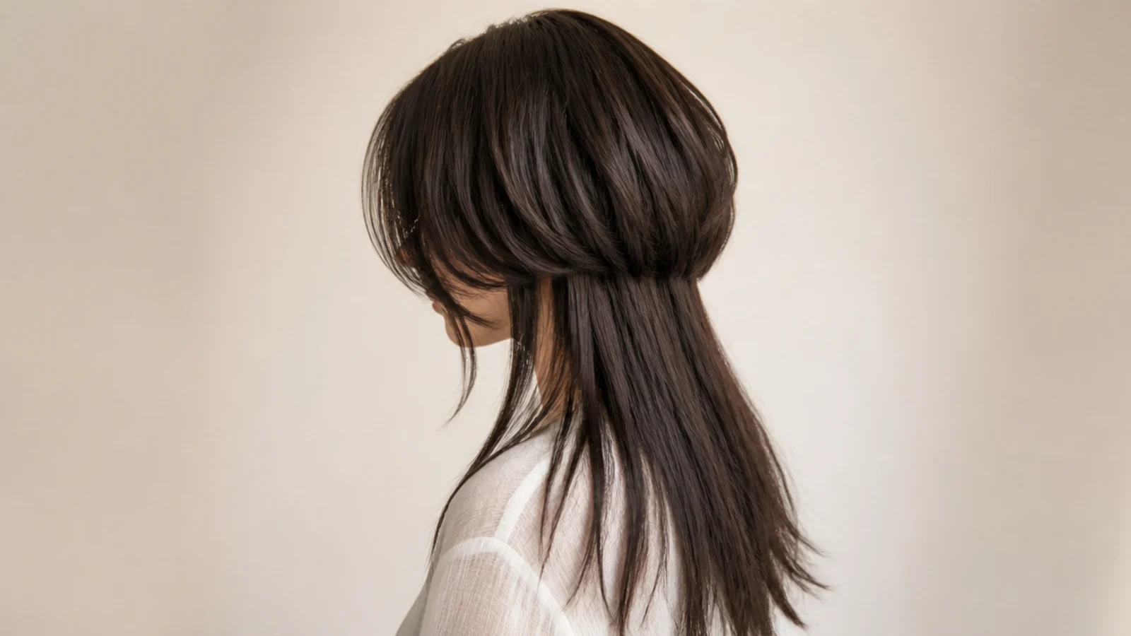 Parted front sections sweeping back above mid back length hair