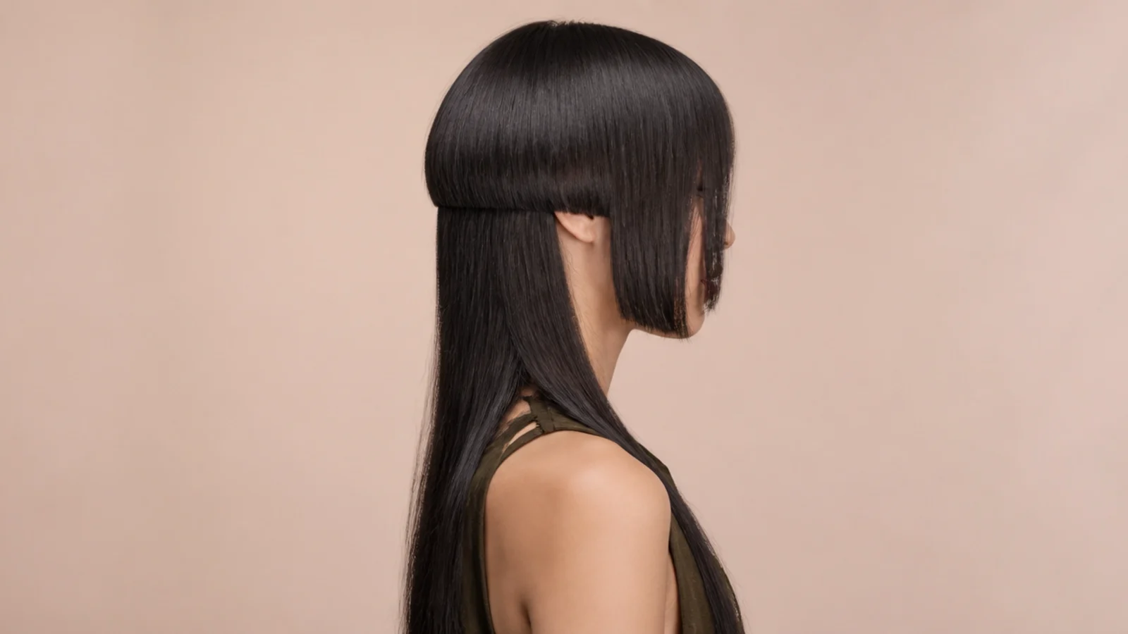 Straight blunt panels framing the face beside long hair