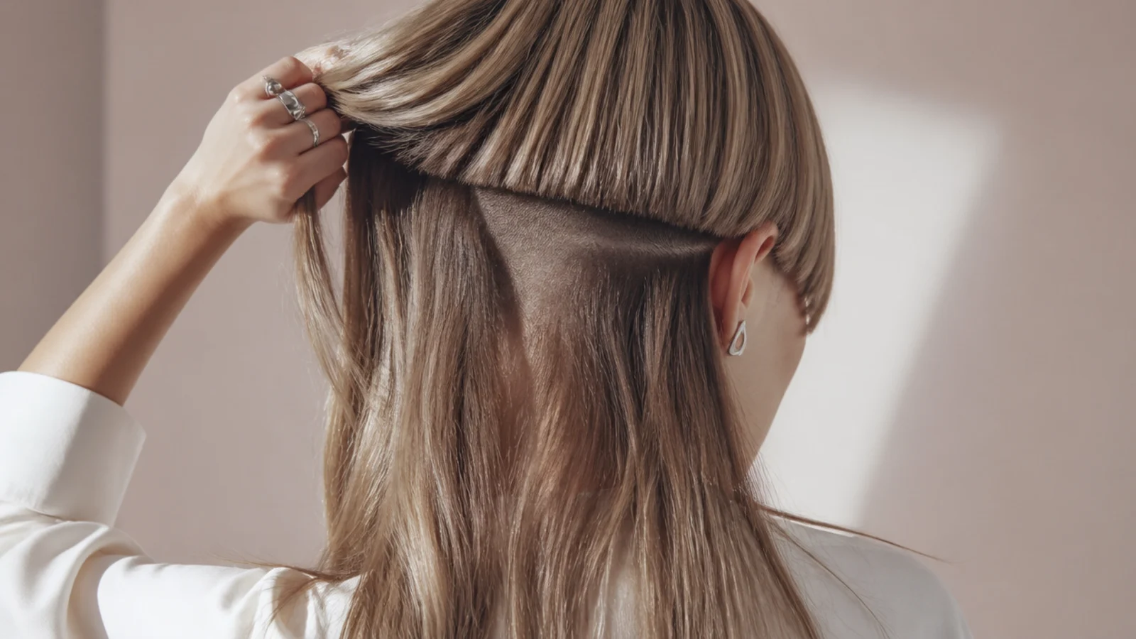 Long hair lifted to show a clipped section at the nape
