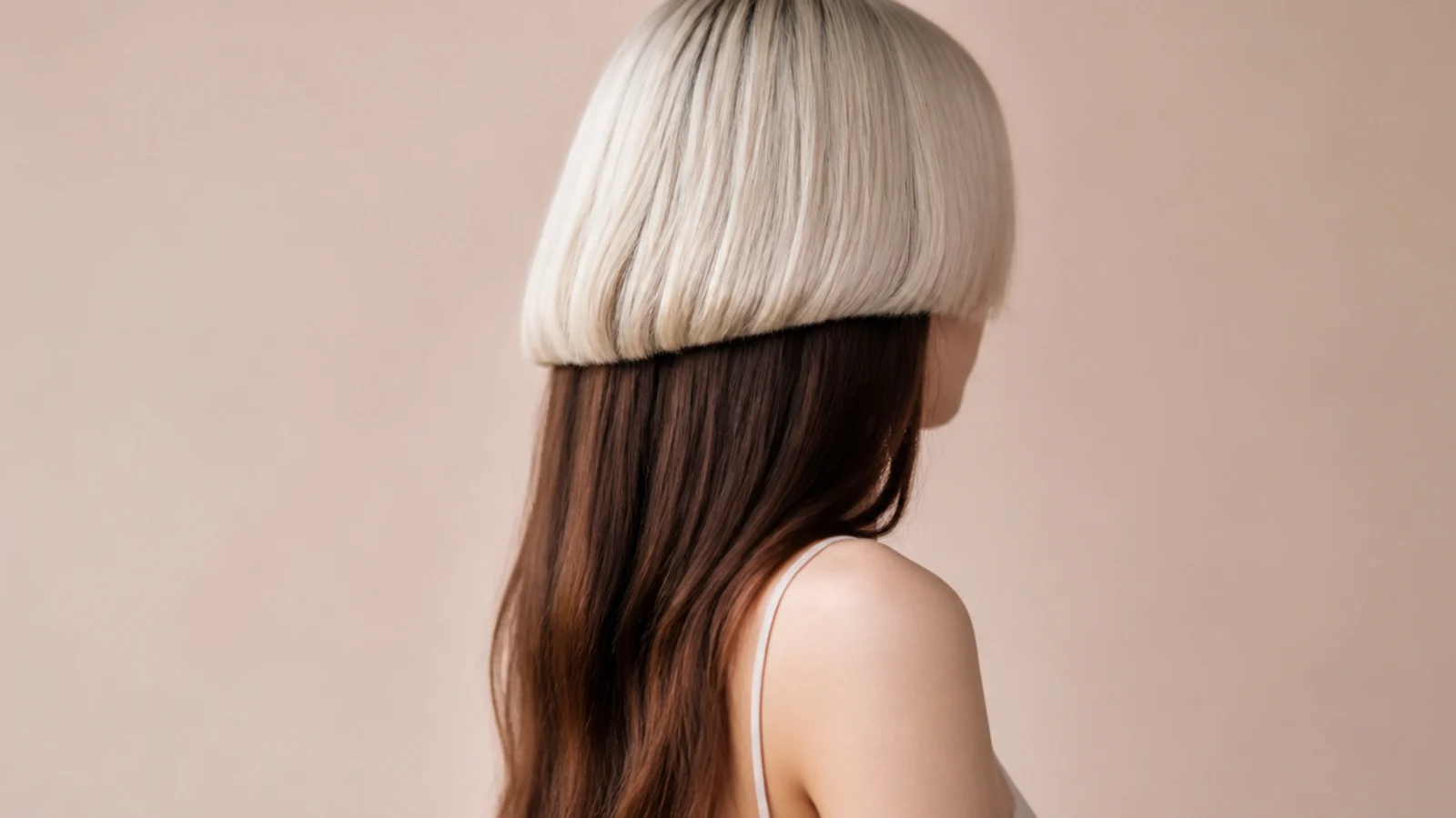 A pale blonde short layer above long dark hair