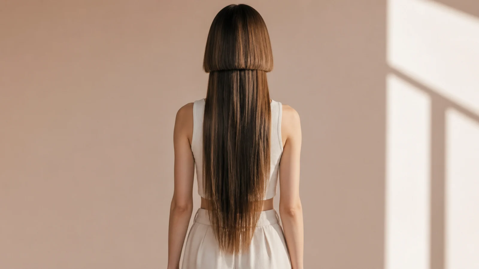 A jaw length short layer above hair falling to the hips