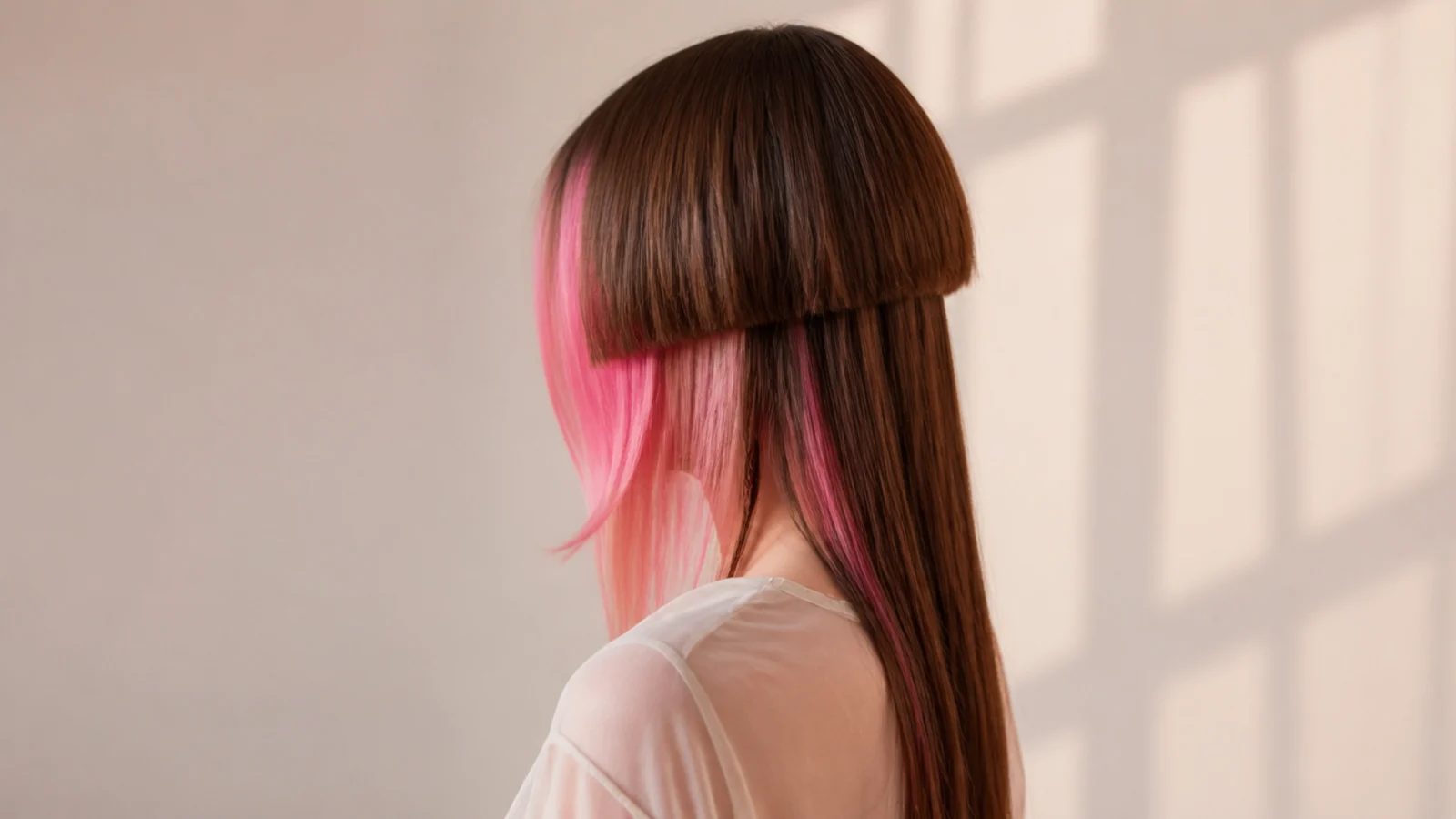 Bright pink sections framing the face beside long hair
