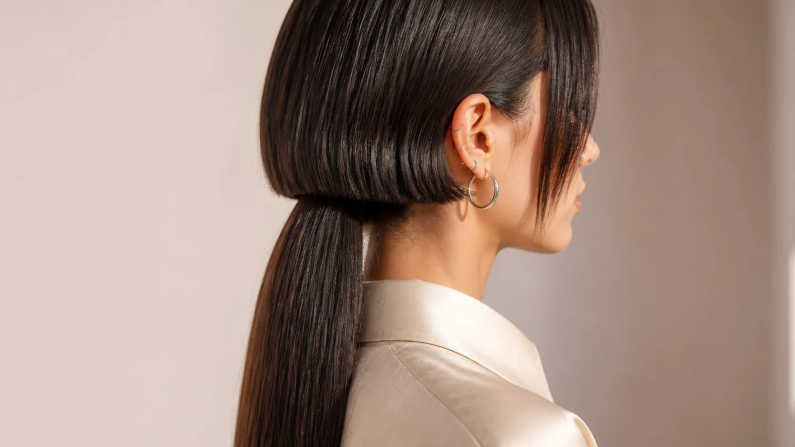 A subtle stepped cut gathered into a neat low ponytail