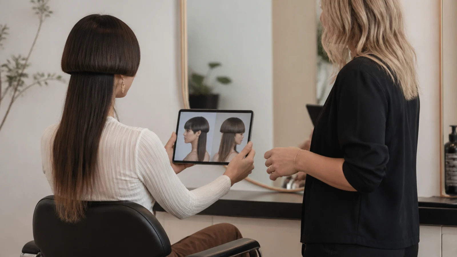 A stylist holding the short section against the jaw during a consultation