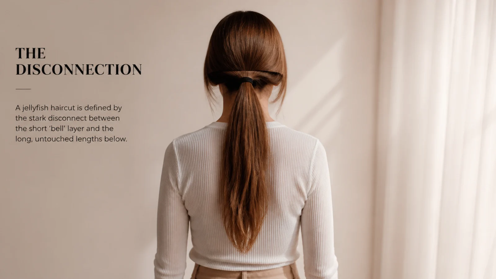 A low ponytail with the short upper layer left loose around the face