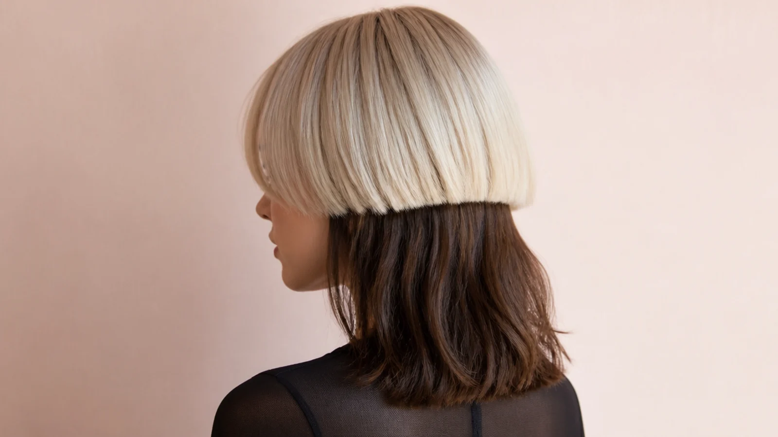 A pale blonde short layer above darker mid length hair