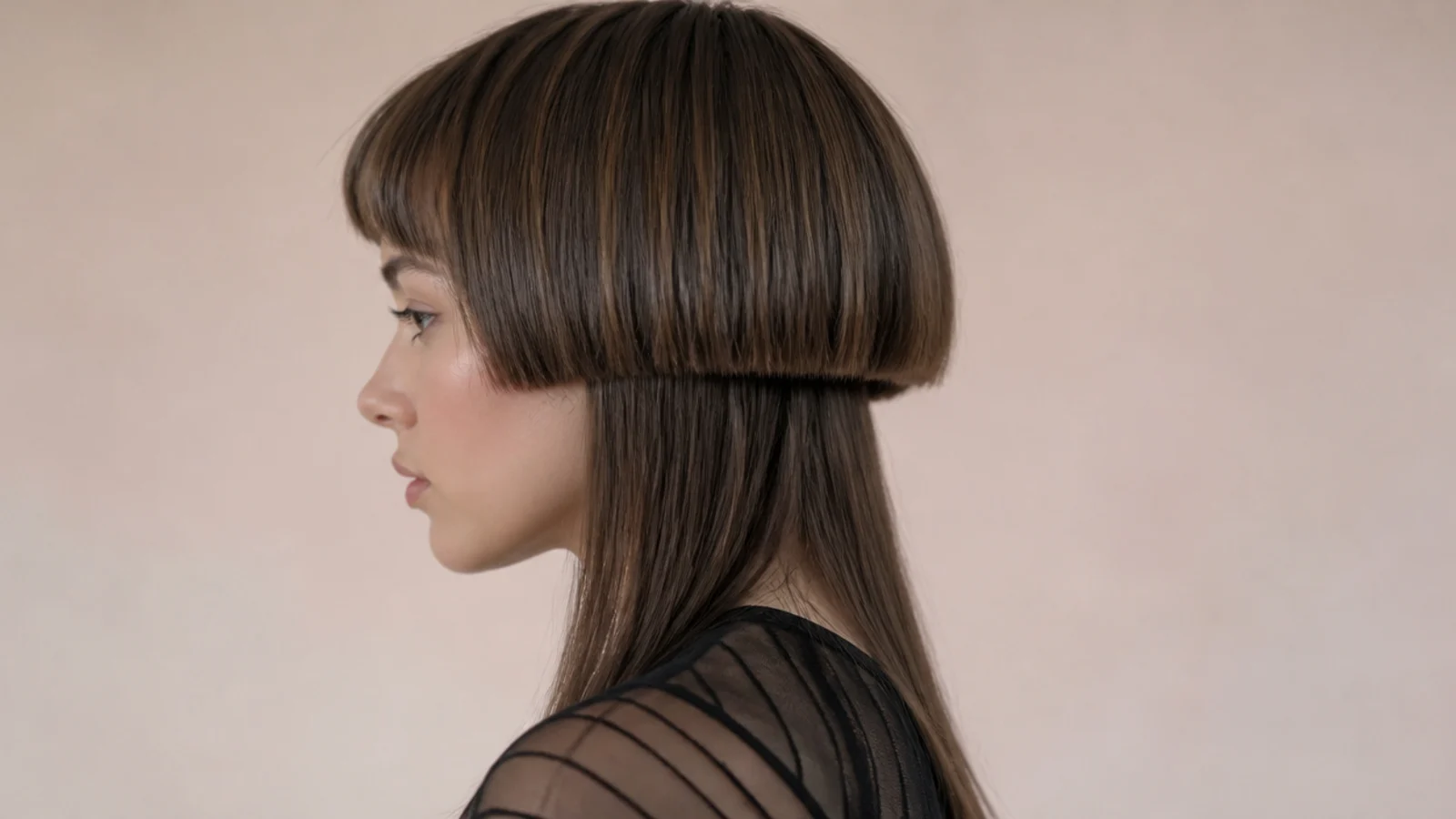 A very short fringe high on the forehead