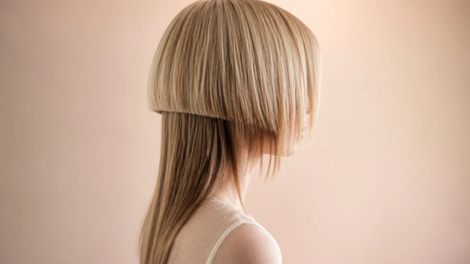 A chin length short layer above hair reaching the bra strap
