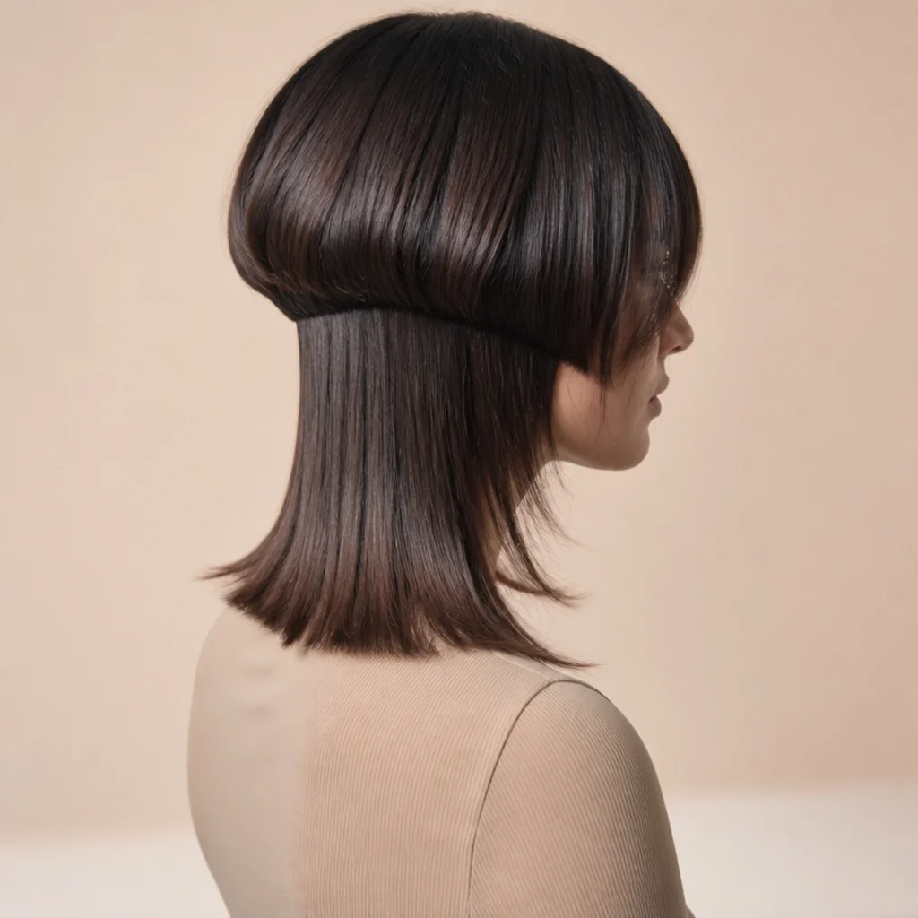 A defined jawline with the short hem sitting just below it