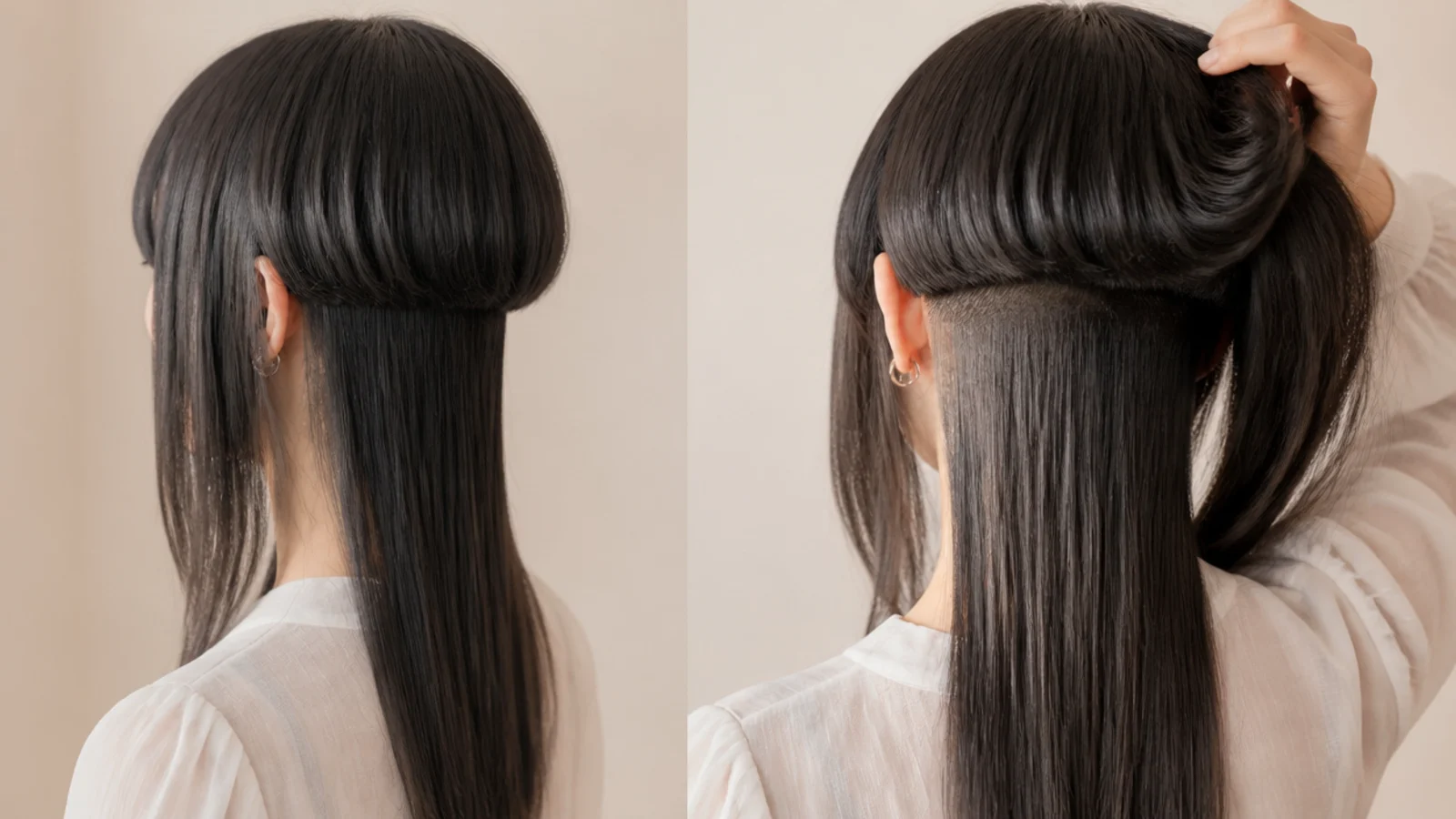Hair lifted to show a clipped section at the nape