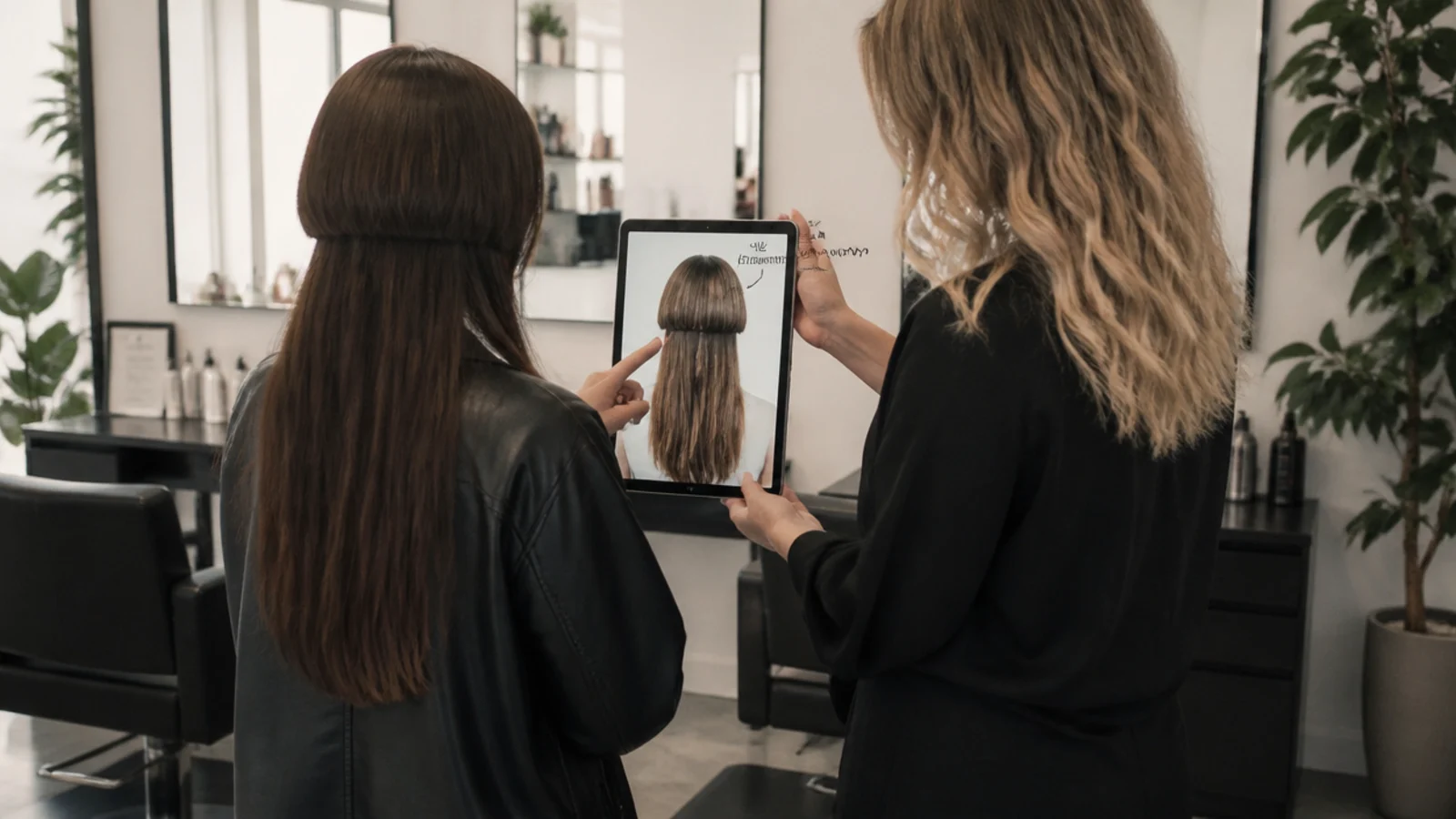 A stylist holding a section against the jaw during a consultation