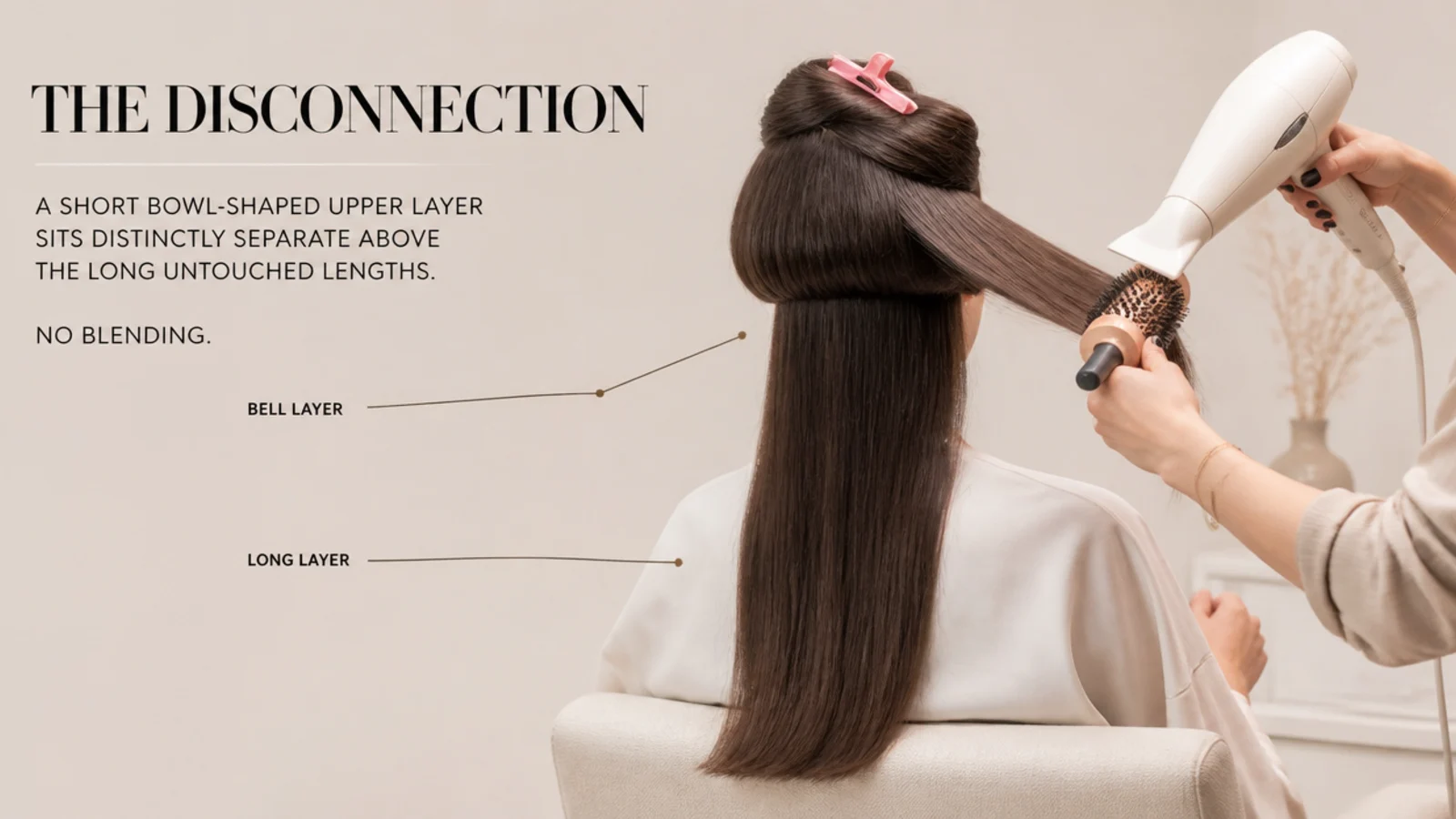 A smoothed short upper layer above textured mid length hair