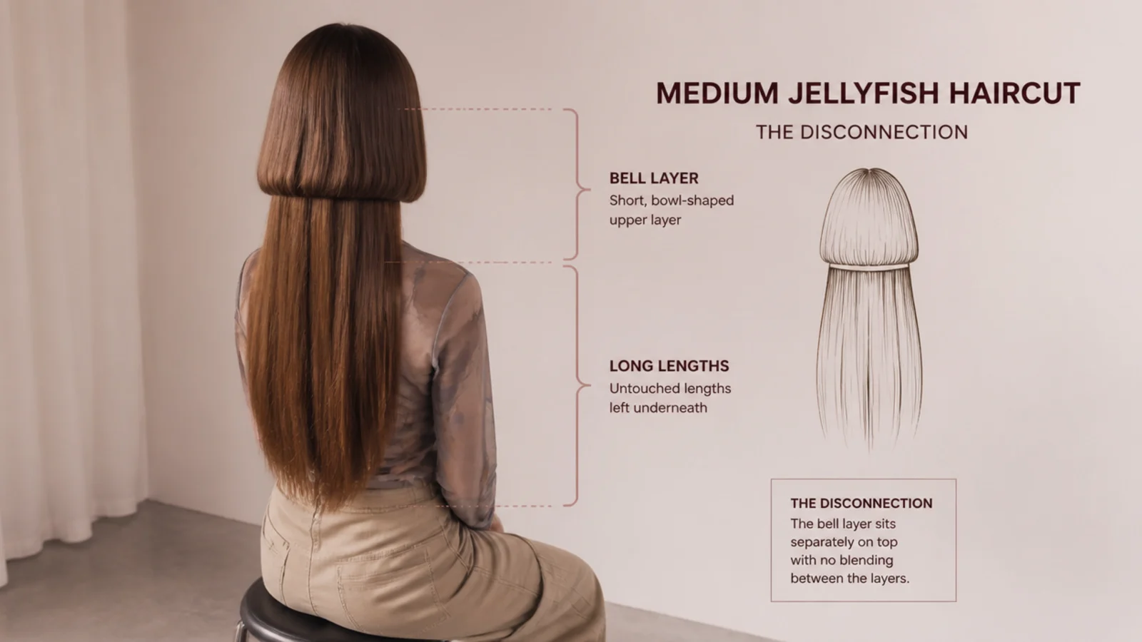 Profile view showing a level short hem above collarbone length ends