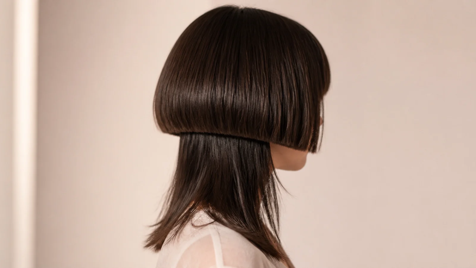 A chin-length bell with straight hair reaching the collarbone underneath