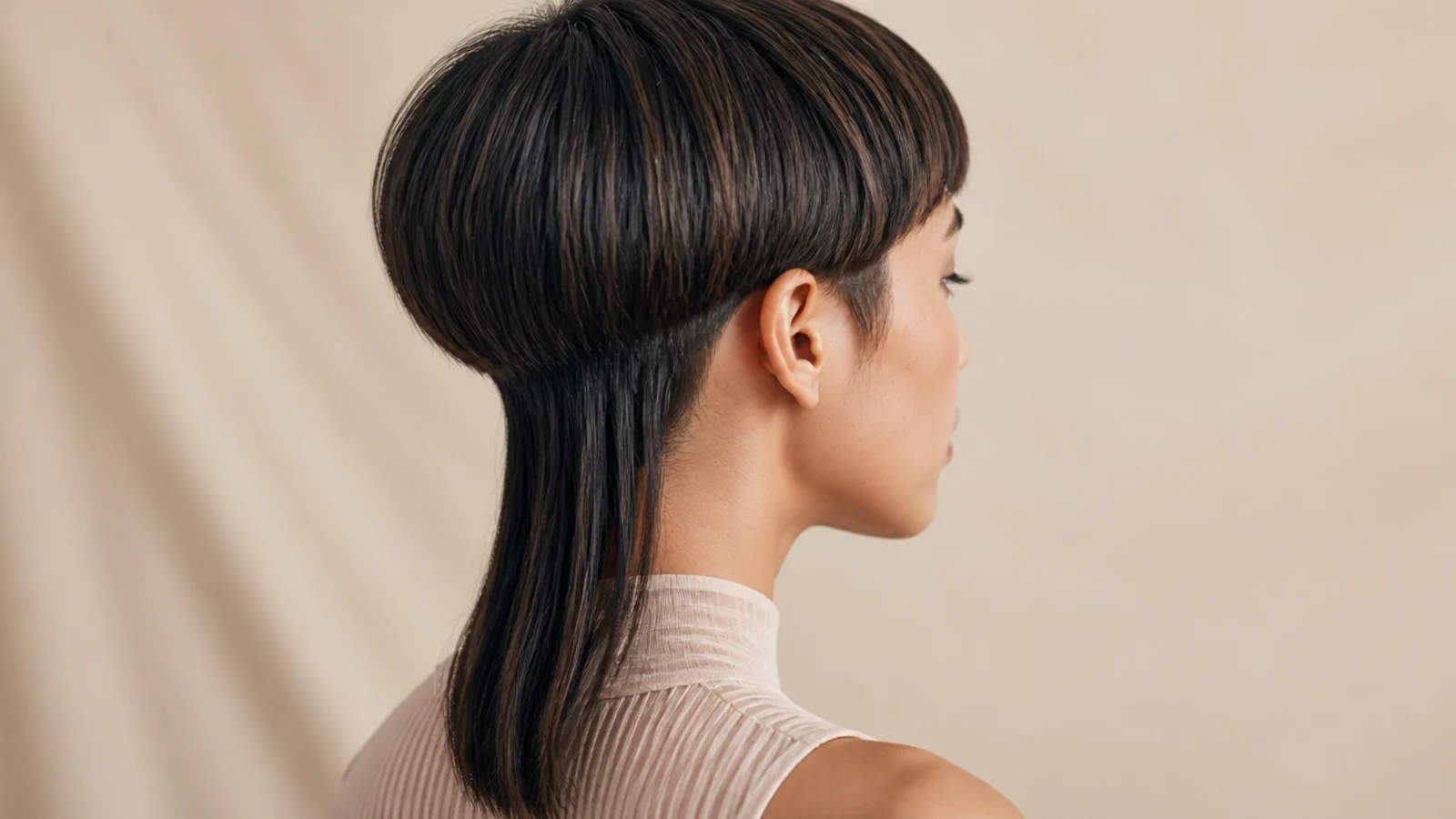 Profile of a very short rounded bell with one long panel falling from the nape