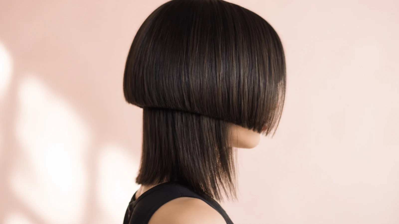 A bell cut with a hard level perimeter over long hair