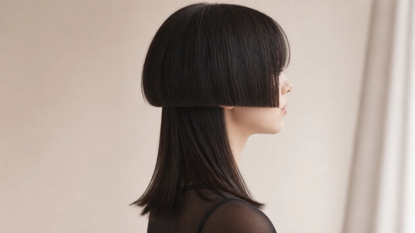 A high bell finishing at the cheekbone on a long face shape