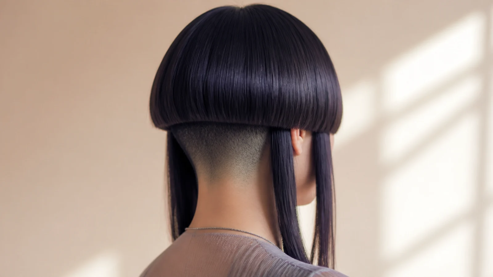 Hair lifted to reveal a clipped nape underneath