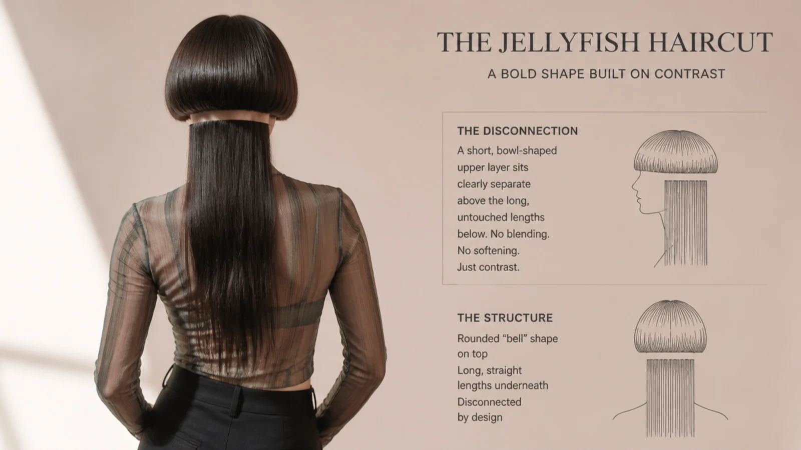 Close profile of a solid bell edge with long hair falling clear beneath it