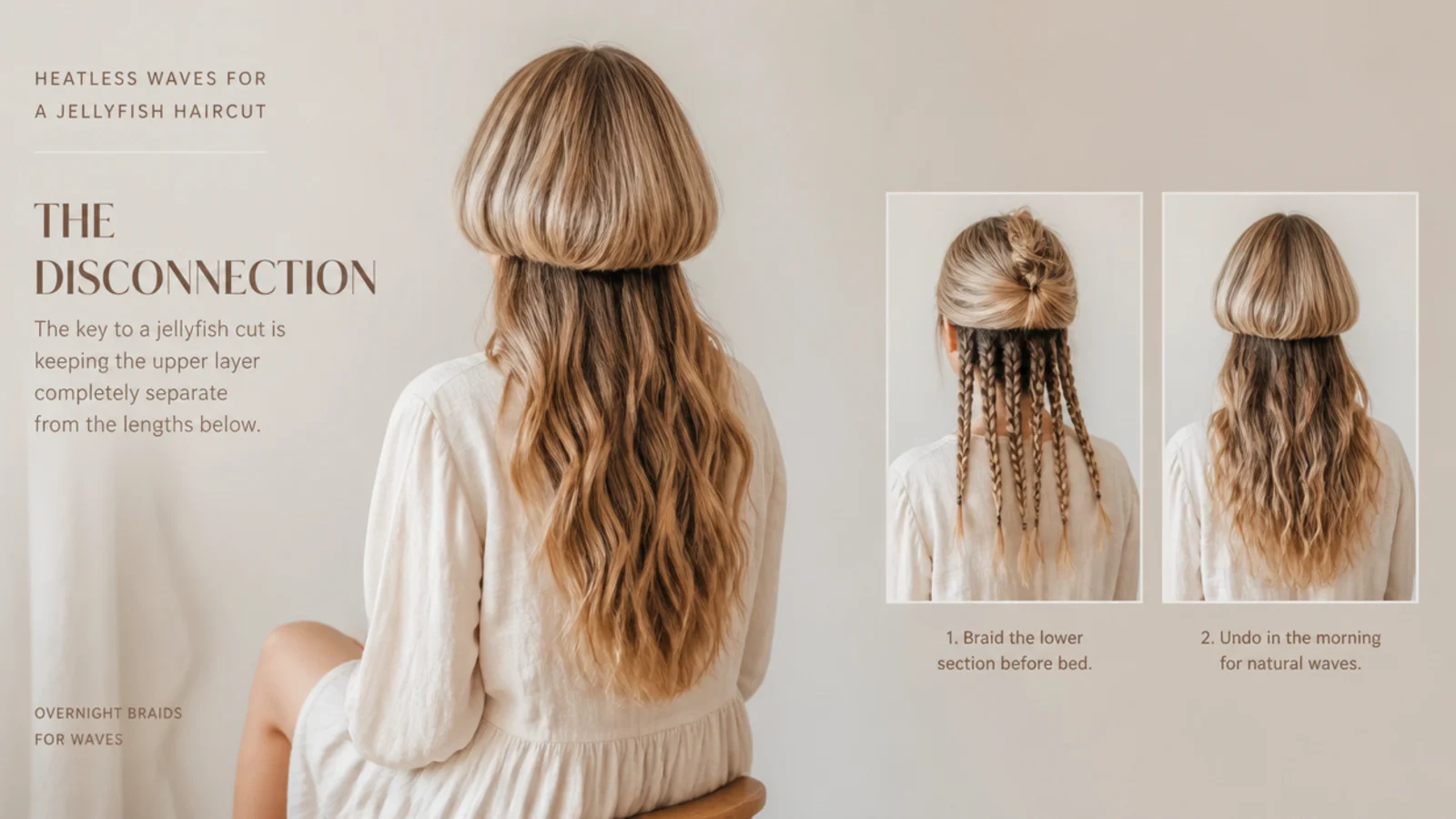 Damp hair sectioned into overnight braids and rollers