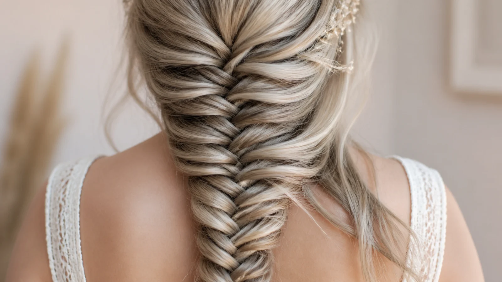 A cool grey toned blonde braid with widened segments
