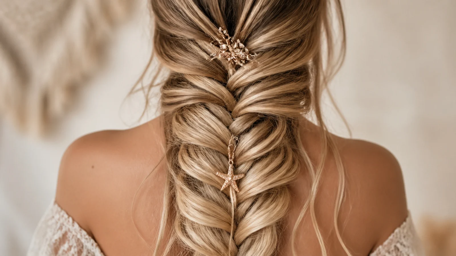 A honey blonde braid with visible darker roots at the crown