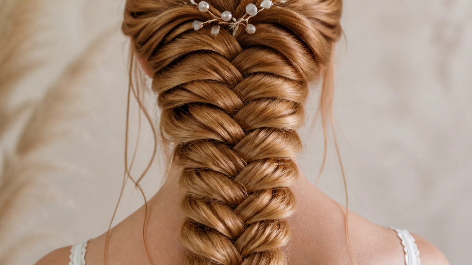 A pink toned strawberry blonde braid down the back