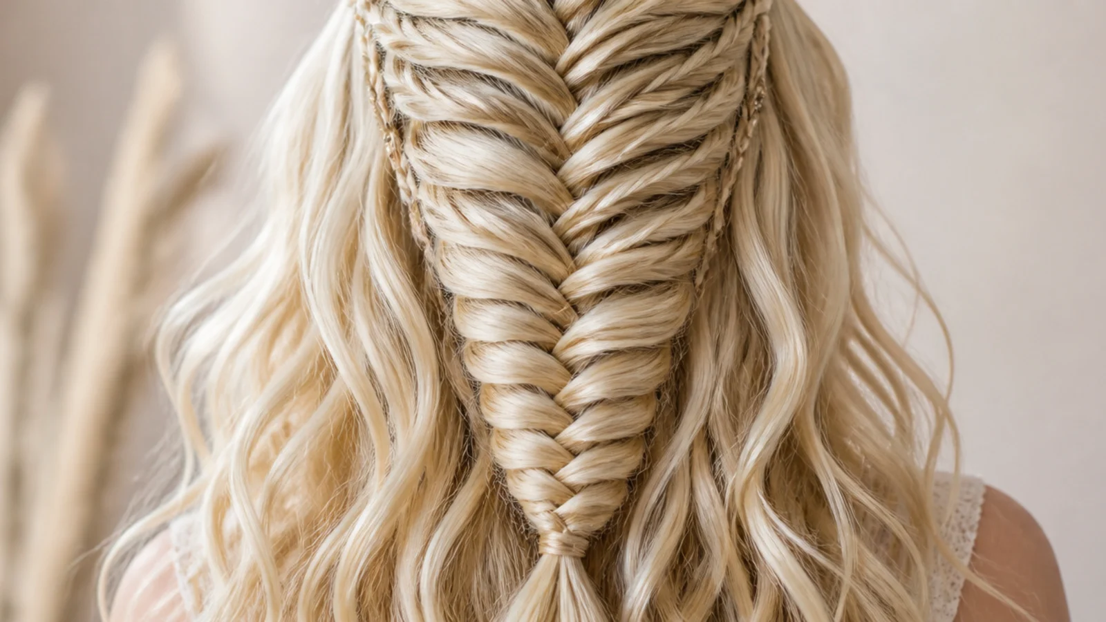 Pale synthetic braiding hair worked through a long braid